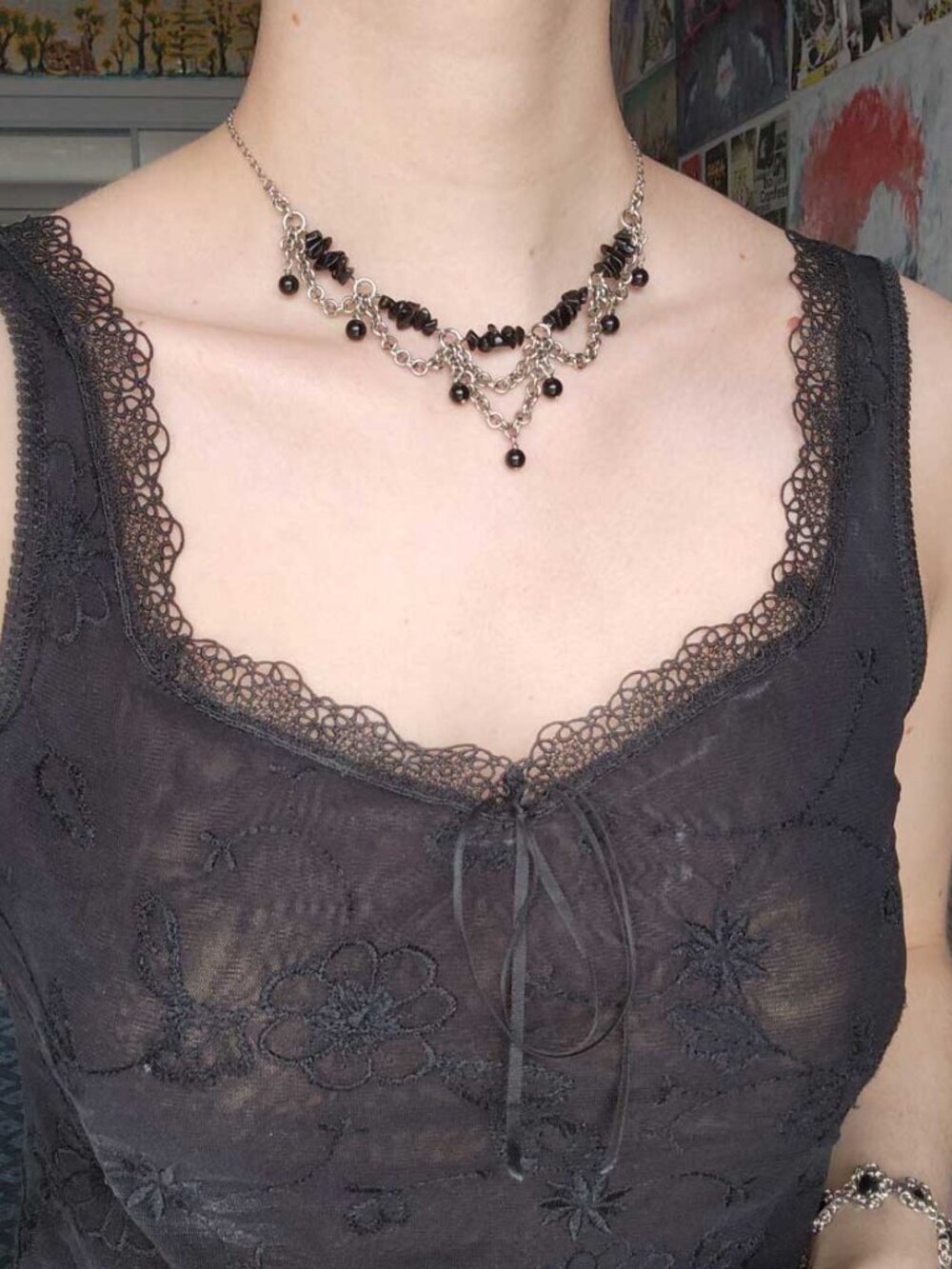 Gothic silver chandelier necklace with black obsidians - Picture 4 of 9